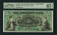 Canada Toronto, ON- Dominion Bank $5 1.1.1896 Ch.# 220-16-02S Specimen PMG Superb Gem Unc 67 EPQ. A stunning Specimen, with completely fresh paper and...