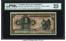 Colombia Banco de la Republica 5 Pesos Oro 20.7.1915 Pick 381 PMG Very Fine 25. A rather elusive early type emergency silver certificate. Overprint on...