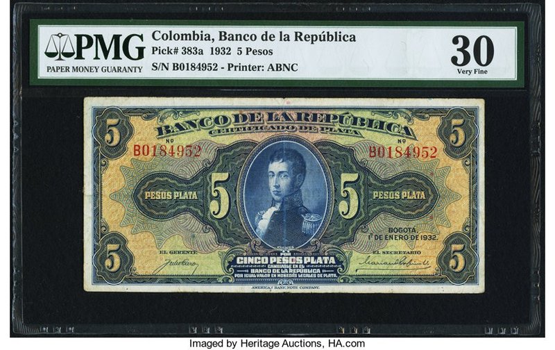 Colombia Banco de la Republica 5 Pesos 1.1.1932 Pick 383a PMG Very Fine 30. A sc...