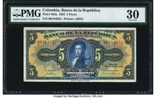 Colombia Banco de la Republica 5 Pesos 1.1.1932 Pick 383a PMG Very Fine 30. A scarce silver certificate that replaced the emergency issue of 1931, Pic...