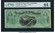 Colombia Banco de la Republica 1 Dollar 188_ (ND 1880s) Pick S807 PMG Choice Uncirculated 64 EPQ. A handsome, unsigned remainder that has pack fresh q...