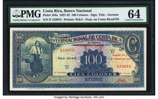 Costa Rica Banco Nacional 100 Colones 4.2.1942 Pick 194a PMG Choice Uncirculated 64. A handsome high denomination note, overprinted to indicate the up...