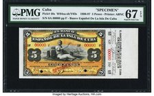 Cuba Banco Espanol De La Isla De Cuba 5 Pesos 15.5.1896 Pick 48s Specimen PMG Superb Gem Unc 67 EPQ. Wonderful color is observed in the fiery orange a...