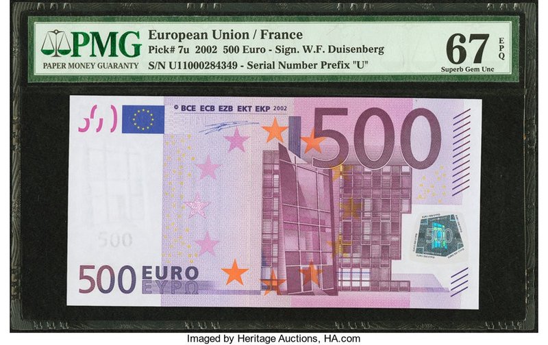 European Union France 500 Euro 2002 Pick 7u PMG Superb Gem Unc 67 EPQ. The "U" p...