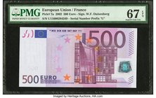 European Union France 500 Euro 2002 Pick 7u PMG Superb Gem Unc 67 EPQ. The "U" prefixed designation for France is noticed on this highest denomination...