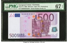 European Union Germany 500 Euro 2002 Pick 7x PMG Superb Gem Unc 67 EPQ. The "X" prefixed designation for Germany is noticed on this highest denominati...