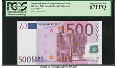 European Union Greece 500 Euro 2002 Pick 7y PCGS Superb Gem New 67PPQ. The "Y" prefixed designation for Greece is noticed on this highest denomination...