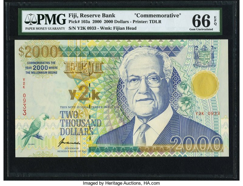 Fiji Reserve Bank of Fiji 2000 Dollars 2000 Pick 103a "Commemorative" PMG Gem Un...