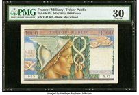 France Military Tresor Public 1000 Francs ND (1955) Pick M12a PMG Very Fine 30. After WWII there were several issues of currency aimed for liberated F...