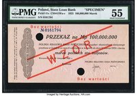 Poland State Loan Bank 100,000,000 Marek 20.11.1923 Pick 41s Specimen PMG About Uncirculated 55. The astronomically high denomination, that is double ...