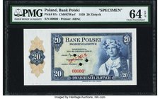 Poland Bank Polski Government in Exile 20 Zlotych 20.8.1939 Pick 87s Specimen PMG Choice Uncirculated 64 EPQ. A wonderful ABNCo product which features...