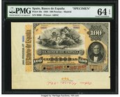 Spain Banco de Espana 100 Pesetas 1.1.1884 Pick 26s Specimen PMG Choice Uncirculated 64 EPQ. A beautifully created Specimen by The American BankNote C...