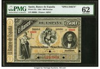 Spain Banco de Espana 500 Pesetas 1.1.1884 Pick 27s Specimen PMG Uncirculated 62. An absolutely stunning design, and a key, higher denomination of thi...