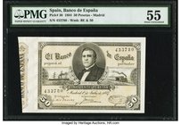 Spain Banco de Espana, Madrid 50 Pesetas 1.7.1884 Pick 30 PMG About Uncirculated 55. A stunning example of this desirable denomination, and of course ...