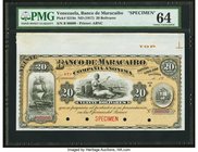 Venezuela Banco de Maracaibo 20 Bolivares ND (1917) Pick S218s Specimen PMG Choice Uncirculated 64. A splendid design from this early 20th century iss...