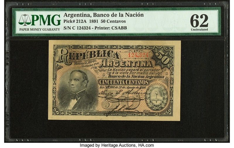 Argentina Republica Argentina 50 Centavos 21.8.1890 Pick 212A PMG Uncirculated 6...