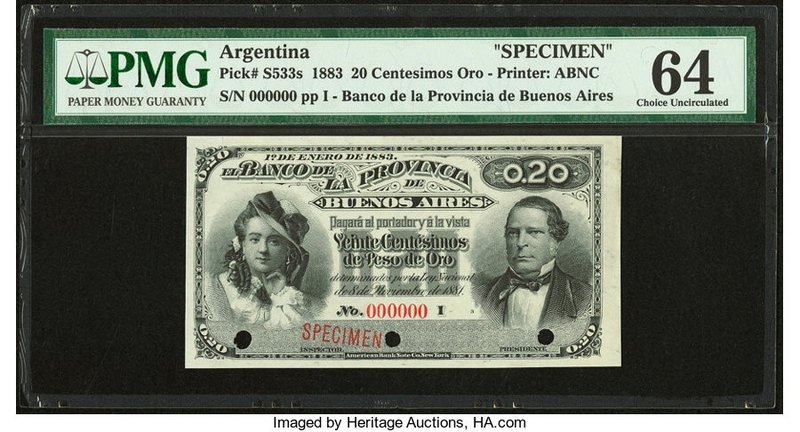 Argentina Provincia de Buenos Ayres 20 Centesimos Oro 8.11.1881 Pick S533s Speci...