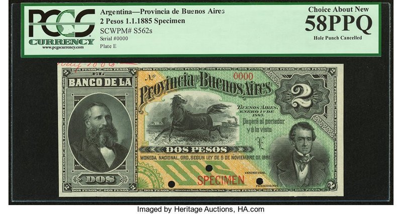 Argentina Provincia de Buenos Ayres 2 Pesos 1.1.1885 Pick S562s Specimen PCGS Ch...