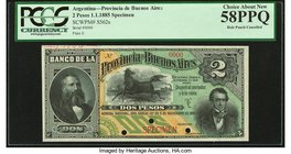 Argentina Provincia de Buenos Ayres 2 Pesos 1.1.1885 Pick S562s Specimen PCGS Choice About New 58PPQ. A beautiful and totally original Specimen, which...