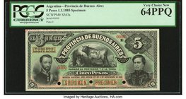 Argentina Provincia de Buenos Ayres 5 Pesos 1.1.1885 Pick S563s Specimen PCGS Very Choice New 64PPQ. Argentina at the time allowed its own provinces t...