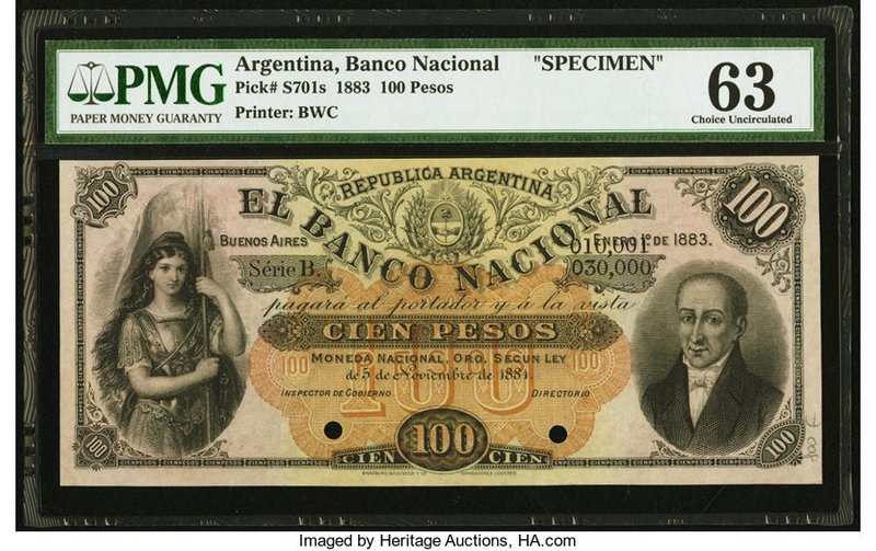 Argentina Banco Nacional 100 Pesos 1883 Pick S701s Specimen PMG Choice Uncircula...