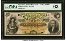 Argentina Banco Nacional 100 Pesos 1883 Pick S701s Specimen PMG Choice Uncirculated 63. The Argentina Coat of Arms is flanked by Liberty on the left a...