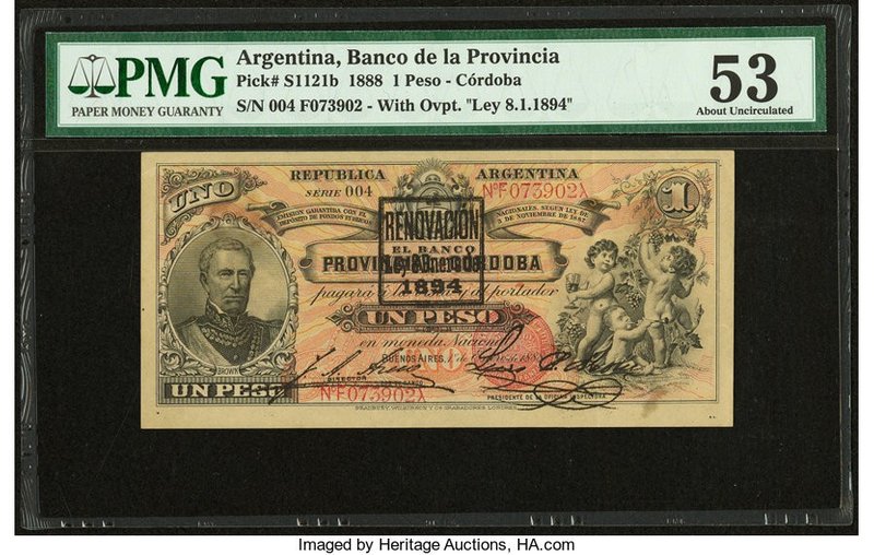 Argentina Banco Provincial 1 Peso 1.1.1888 Pick S1121b PMG About Uncirculated 53...