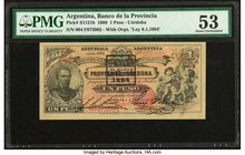 Argentina Banco Provincial 1 Peso 1.1.1888 Pick S1121b PMG About Uncirculated 53. A lovely Bradbury and Wilkinson printed example from the late ninete...