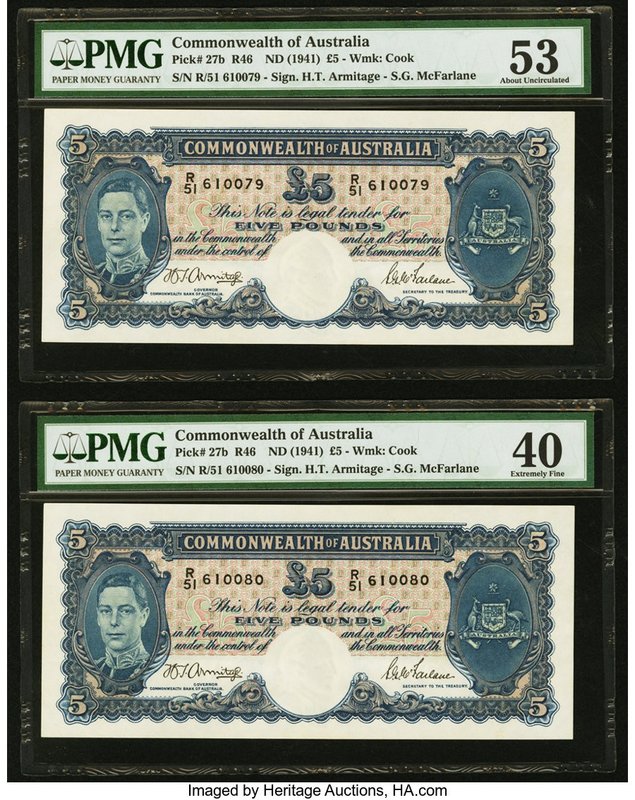 Australia Commonwealth Bank of Australia 5 Pounds ND (1941) Pick 27b R46 Consecu...