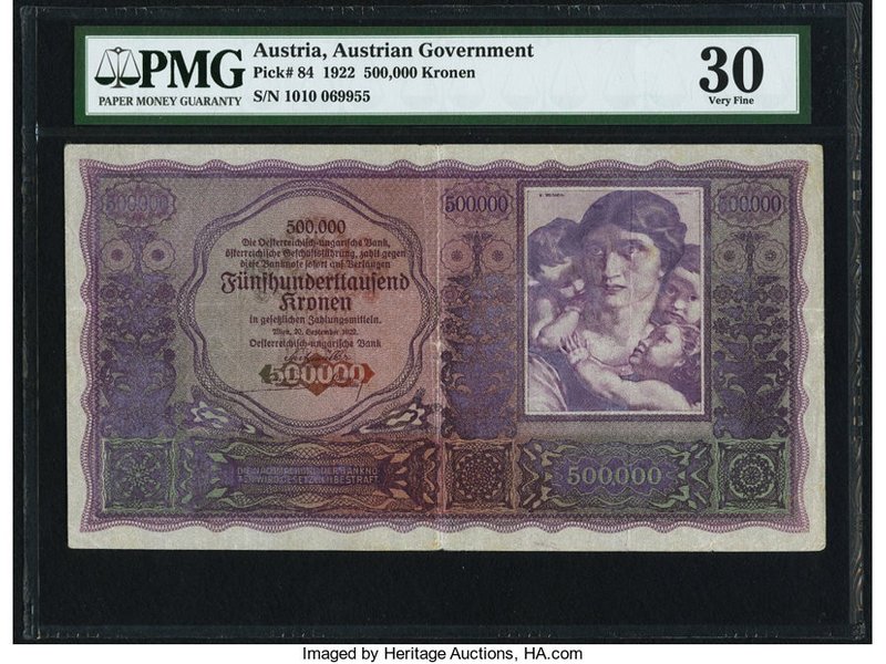 Austria Austrian Government 500,000 Kronen 20.9.1922 Pick 84 PMG Very Fine 30. A...