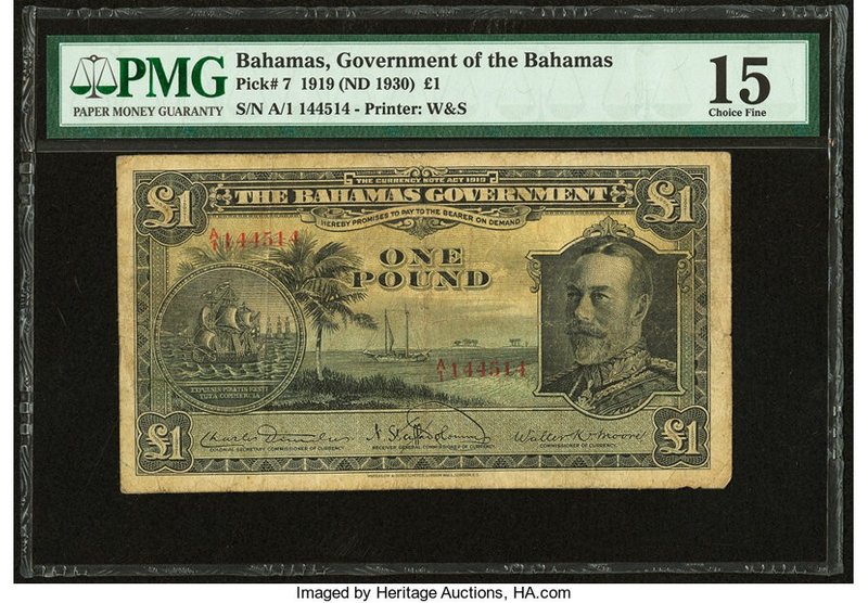 Bahamas Bahamas Government 1 Pound 1919 (ND 1930) Pick 7 PMG Choice Fine 15. Hig...