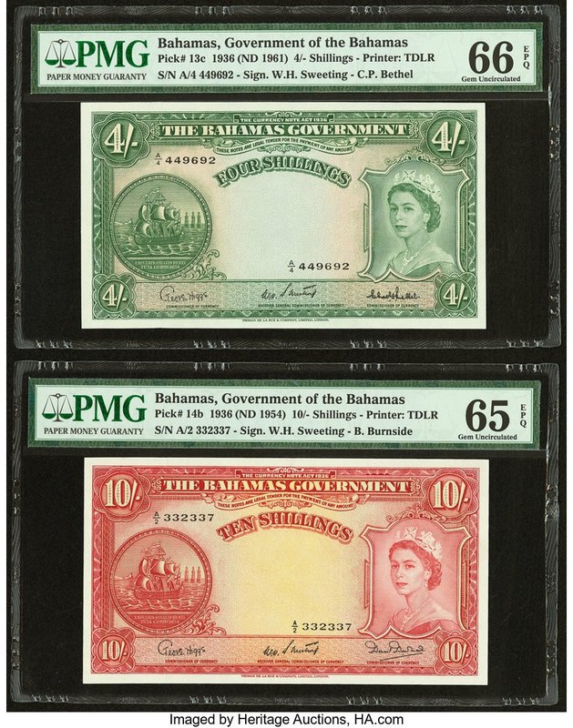 Bahamas Bahamas Government 4; 10 Shillings (1954-1961) Pick 13c; 14b Two Example...