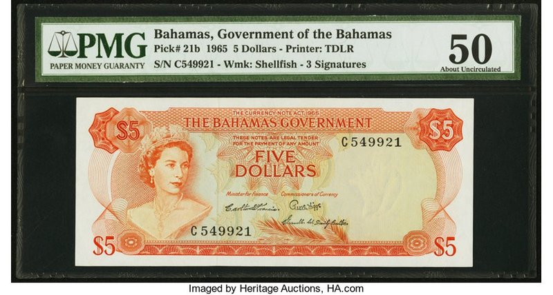 Bahamas Bahamas Government 5 Dollars 1965 Pick 21b PMG About Uncirculated 50. A ...