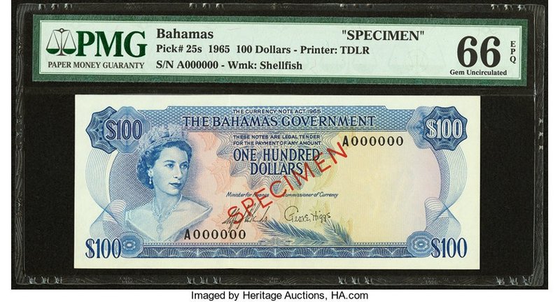 Bahamas Bahamas Government 100 Dollars 1965 Pick 25s Specimen PMG Gem Uncirculat...