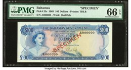 Bahamas Bahamas Government 100 Dollars 1965 Pick 25s Specimen PMG Gem Uncirculated 66 EPQ. An unusually decent example of this Specimen for the highes...