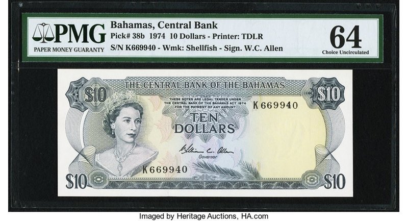 Bahamas Central Bank 10 Dollars 1974 Pick 38b PMG Choice Uncirculated 64. The Al...