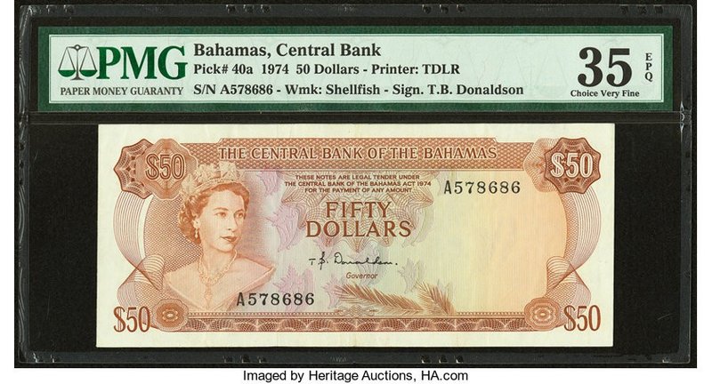 Bahamas Central Bank 50 Dollars 1974 Pick 40a PMG Choice Very Fine 35 EPQ. A dif...