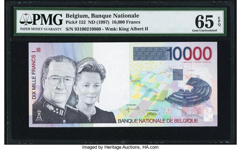 Belgium Banque Nationale de Belgique 10,000 Francs ND (1997) Pick 152 PMG Gem Un...