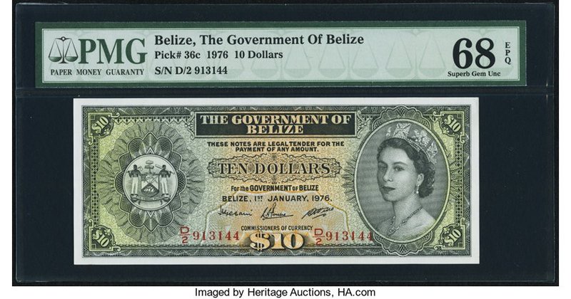 Belize Government of Belize 10 Dollars 1.1.1976 Pick 36c PMG Superb Gem Unc 68 E...
