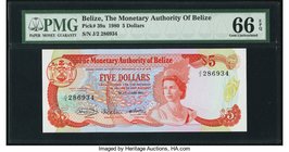 Belize Monetary Authority 5 Dollars 1.6.1980 Pick 39a PMG Gem Uncirculated 66 EPQ. A pack fresh example of this second denomination. Scarce in Gem Unc...
