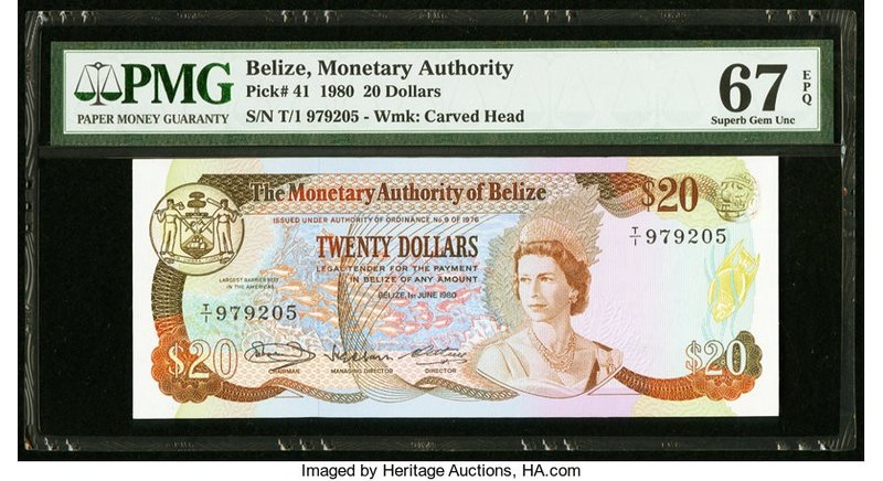 Belize Monetary Authority 20 Dollars 1.6.1980 Pick 41 PMG Superb Gem Unc 67 EPQ....