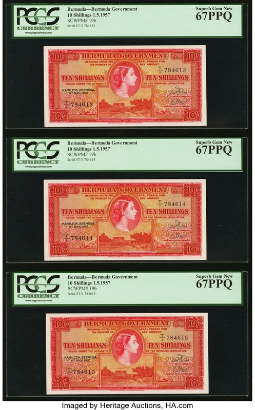 Bermuda Bermuda Government 10 Shillings 1.5.1957 Pick 19b Three Consecutive Exam...