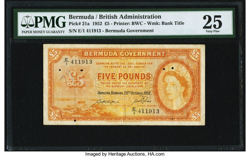 Bermuda Bermuda Government 5 Pounds 20.10.1952 Pick 21a PMG Very Fine 25. A well...