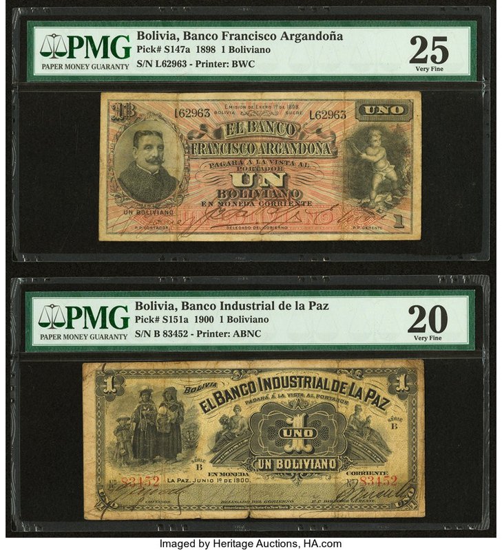 Bolivia Banco Francisco Argandona 1 Boliviano 1.1.1898 Pick S147a PMG Very Fine ...