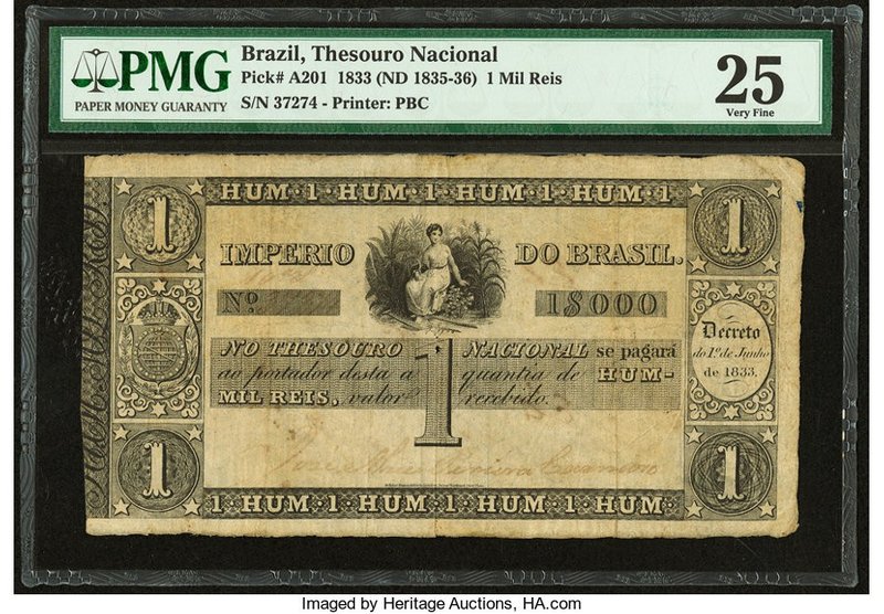 Brazil Thesouro Nacional 1 Mil Reis 1833 (ND 1835-36) Pick A201 PMG Very Fine 25...