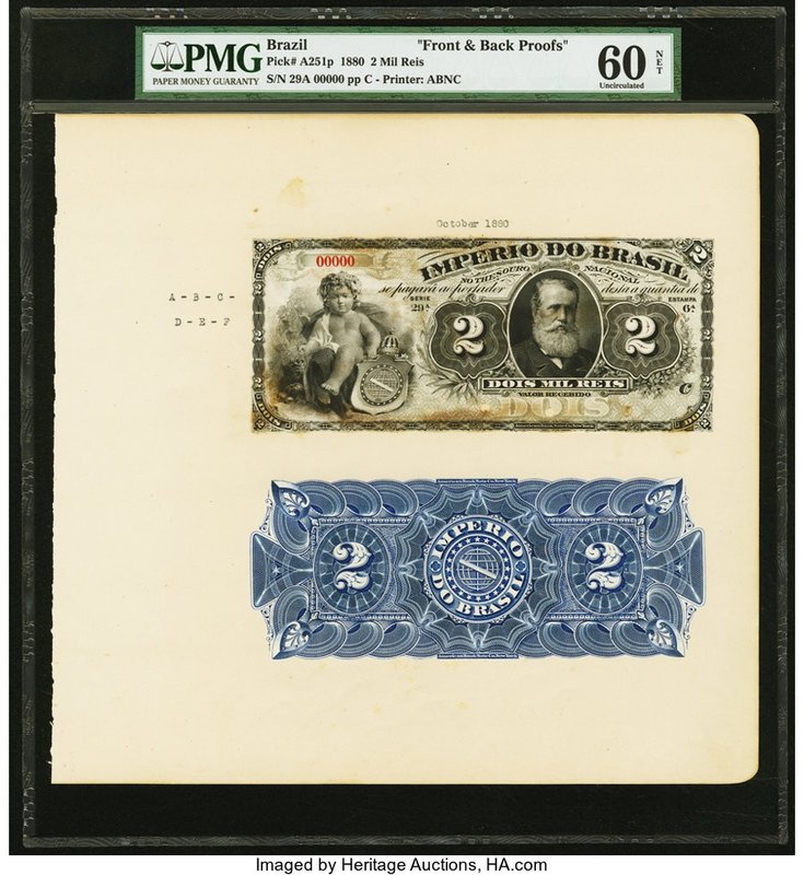 Brazil Thesouro Nacional 2 Mil Reis 1880 Pick A251p Front and Back Proofs PMG Un...