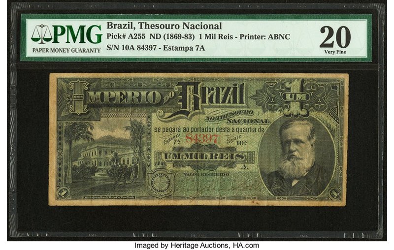 Brazil Thesouro Nacional 1 Mil Reis ND (1869-83) Pick A255 PMG Very Fine 20. A h...