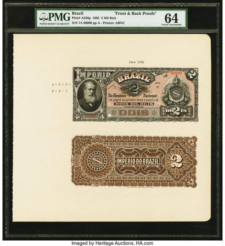 Brazil Thesouro Nacional 2 Mil Reis ND 1885 Pick A256p Front and Back Uniface Pr...