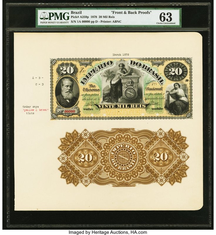 Brazil Thesouro Nacional 20 Mil Reis 1878 Pick A259p Front and Back Uniface Proo...