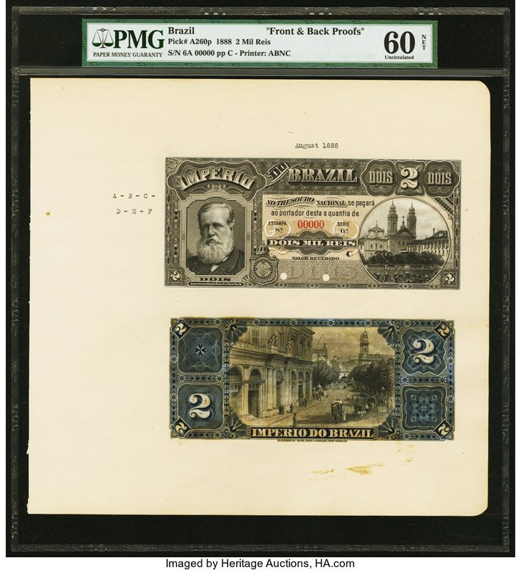 Brazil Thesouro Nacional 2 Mil Reis 1888 Pick A260p Front & Back Proofs PMG Unci...